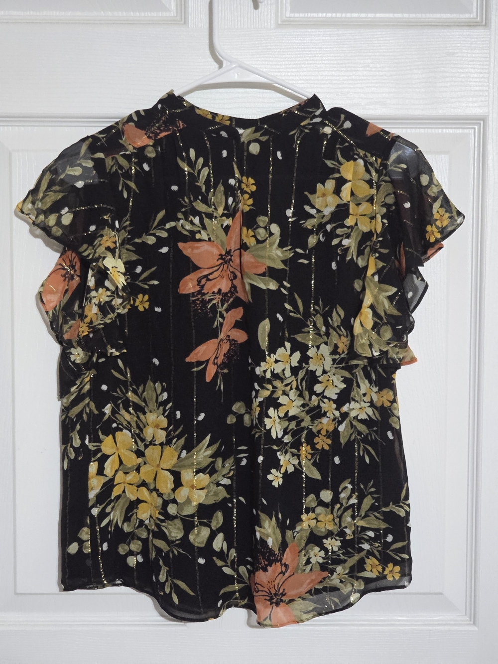 Joie Black Floral Ruffle-Sleeve Blouse with Yellow & Coral Blooms